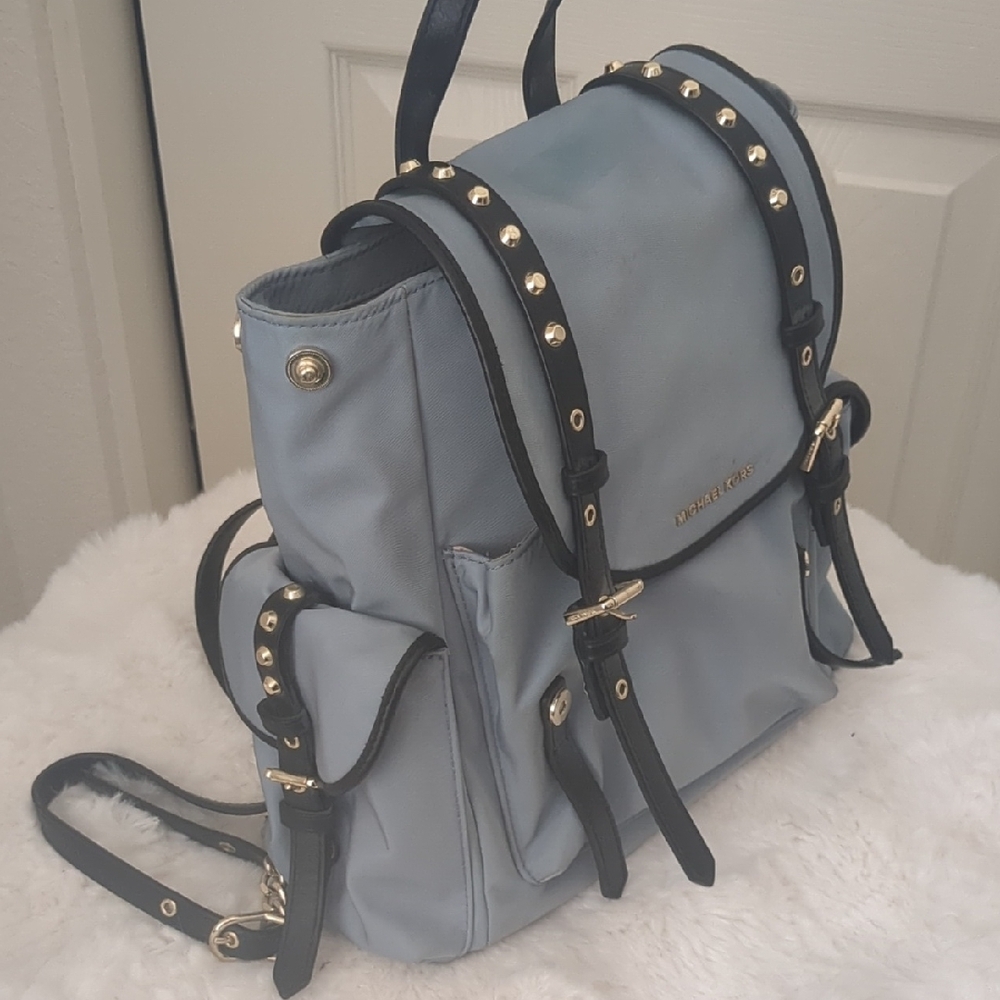 Michael Kors Light Blue Backpack with Black Straps and Gold Hardware - Picture 4 of 12